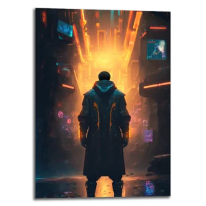 Tableau métallique vertical nommé "A way home" représentant un cyberpunk personnage seul dans un univers futuriste