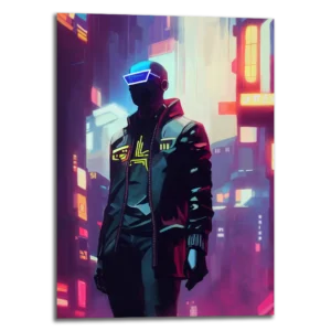 Tableau métallique personnage cyberpunk nommé "Awake sleepwalker" représente un personnage futuriste dans une ville cyberpunk