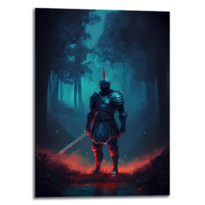 Tableau métallique portrait nommé "Black knight" représentant un chevalier fantasy dans une forêt sombre