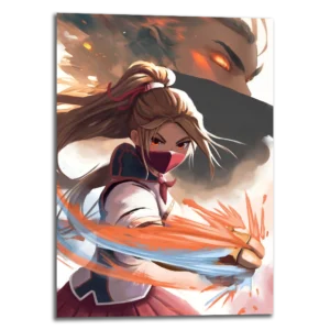 Tableau au format portrait nommé "Blood Ties" dans le thème anime représentant une jeune femme combattante aux cheveux longs en tenue de combat légère, un personnage apparemment maléfique dans le fond