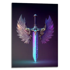 Tableau métallique portrait nommé "Crystal winged dagger" représentant une épée fantasy avec des ailes