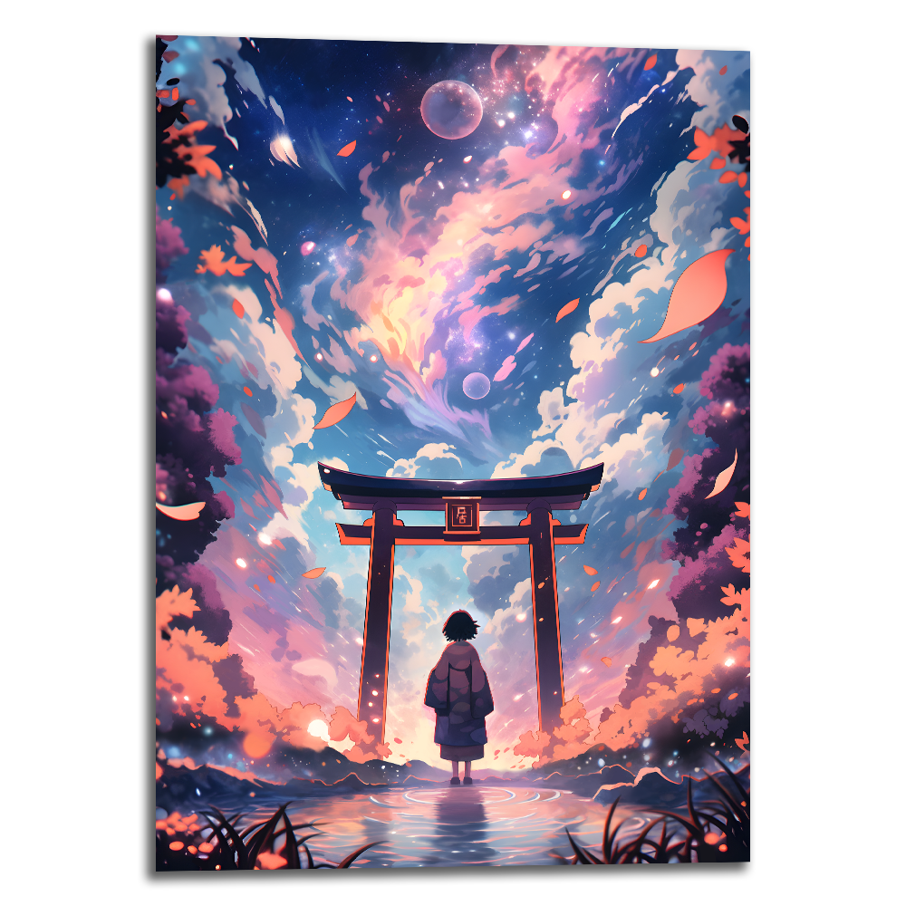Tableau au format portrait nommé "Mystical Shôji" dans le thème anime représentant une jeune femme aventurière au centre d'une porte torii chinoise, tableau allant de paire avec earth's exhalation