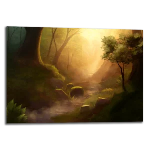 Tableau prénommé "Mystical Stream" représentant une mystérieuse forêt au thème fantasy