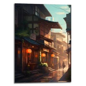 Tableau au format portrait nommé "Peaceful Street" dans le thème anime représentant une rue japonaise calme au petit matin avec des personnages qui marchent tranquillment