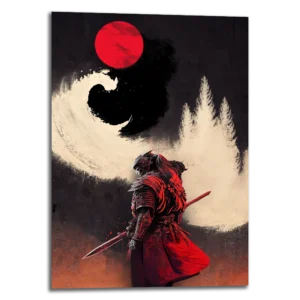 Tableau samouraï japonais nommé "Red moon" représente un samouraï seul sous une lune rouge ; c'est un tableau métallique portrait