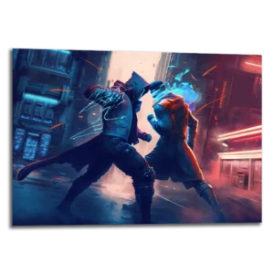 Tableau prénommé "Street Fight" au thème cyberpunk où l'on voit deux personnages en plein combat de rue cyberpunk