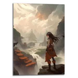 Tableau au format portrait nommé "The Forgotten Temples" dans le thème anime représentant une jeune femme aventurière au sommet d'une falaise en surplomb d'une vallée avec une rivière et des monuments anciens