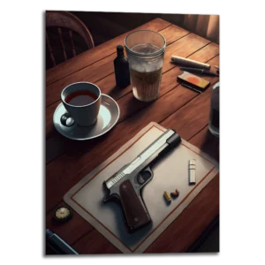 Tableau au format portrait nommé "The break" dans le thème militaire et mafieux représentant une pause bien méritée, un pistolet avec un thé, un verre avec des glaçons et une bouteille de liqueur sur une table