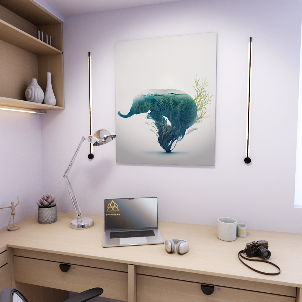 Illustration exemple du tableau metallique vertical au format portrait thème nature the elephant wisdom entre deux bandes de leds et au dessus d'un bureau tout équipé