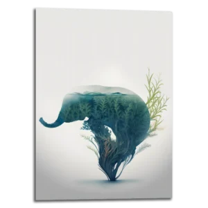 Tableau d'éléphant nommé "The elphant wisdom", ce tableau métallique vertical représente un éléphant reflétant la nature et la vie