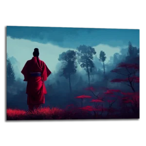 Tableau paysage japonais prénommé "The last light " où l'on voit une personne seul admirant une forêt sombre aux couleurs fantastique