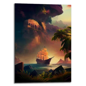 Tableau métallique portrait nommé "The lost ship" représentant un bateau dans un paysage fantasy tropical