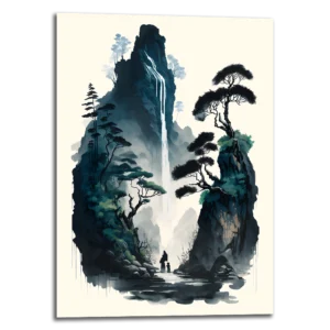 Tableau métallique vertical nommé "The silent waterfall" représentant une cascade d'eau au style épuré dans le thème de la nature