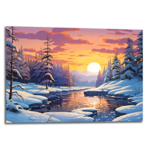 Tableau Frozen Serenity représentant un paysage enneigé sous un coucher de soleil